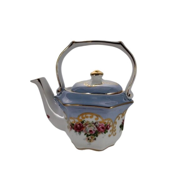 Vintage Kaldun & Bogle Teapot Roses Floral Blue Gold Gilt Single Serve Excellent - Picture 2 of 12